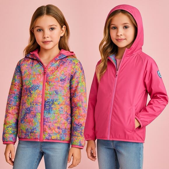 NWT Save The Duck Reversible Puffer Jacket Coat Size 6 Pink Multicolor Abstract - Picture 1 of 15